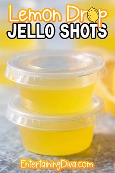 lemon drop jello shots in plastic containers with the words jello shots above them