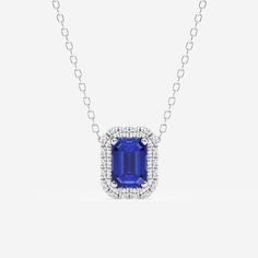 6.7x4.69 mm Emerald Cut Created Sapphire and 1/5 ctw Round Lab Grown Diamond Halo Pendant with Adjustable Chain 14K White Gold Fine Jewelry Halo Lab-created Sapphire, Classic Jewelry With Halo Lab-created Sapphire, Blue Sapphire Pendant, Halo Pendant, Sapphire Pendant, Gems Jewelry, Diamond Halo, Halo Diamond, Emerald Cut