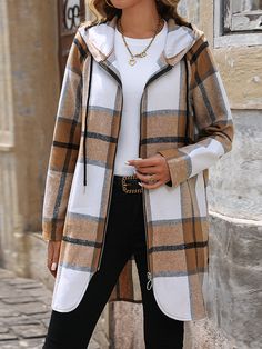 Shop Affordable  Women Plaid Casual Hoodie Daily Winter Coats On Justfashionnow.com Plus Size Outfits Winter, Outfits Cold Weather, Plus Size Winter Outfits, Dirndl Outfit, Outfits Cold, Bandeau Tops, Winter Outfits Cold, Plus Size Winter, Plaid Outfits