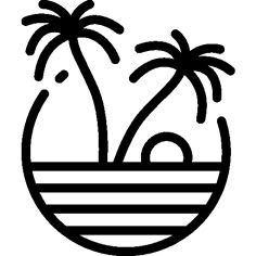 a black and white drawing of two palm trees in a bowl with the sun behind them