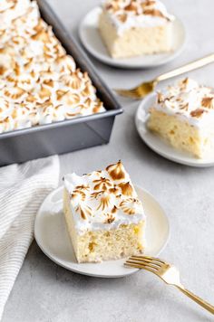 a piece of cake sitting on top of a white plate next to a metal pan