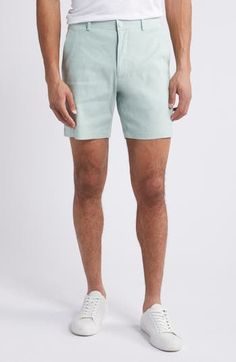 A relaxed fit is enhanced by the forgiving comfort of the lightweight linen blend in these hybrid shorts that are cool and breathable. 7" inseam; 20" leg opening; 10 1/2" front rise; 14" back rise (size 32) Zip fly with snap closure Partial elastic waist Front slant pockets 59% linen, 20% viscose, 20% polyester, 1% elastane Machine wash, tumble dry Imported Summer Cotton Bermuda Shorts, Cotton Bermuda Shorts With 5-inch Inseam For Summer, Casual Summer Shorts With 5-inch Inseam, Green Bottoms With Welt Pockets For Summer, Summer Bermuda Shorts With Built-in Shorts, 5-inch Inseam, Summer Cotton Shorts With Straight Hem, Summer Bottoms With Welt Pockets, Short, Casual Bottoms With Straight Hem For Summer, Casual Summer Bottoms With Straight Hem