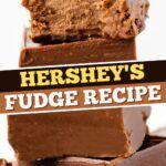 there is a sign that says hershey's fudge recipe on top of some brownies