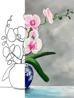 a painting of flowers in a blue vase and another drawing of pink flowers on a gray background