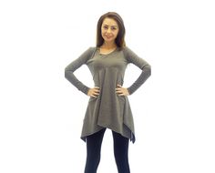 Loose Women Tunic Top, Plus Size Tunic Blouse, Gray Tunic, Long Sleeve Tunic Blouse, Maxi Tunic Blouse, Flared Tunic, Baggy Tunic, Balloon Tunic, Caftan Tunic. Tunic with longer left and right bottom part. The tunic is with waist under the bust. The model is with closed round neckline. Because of the asymmetrical cut of the tunic, it could match with dark denim and leggings. Product ID: EL 0627 Material: 90% Viscose, 10% Elastane Sizes: XXS, XS, S, M, L, XL, 2XL, 3XL, 4XL, 5XL, 6XL When You plac Casual Stretch Tunic For Fall, Casual Fall Tunic, Fitted Lagenlook Tunic For Fall, Casual Fitted Tunic With Asymmetrical Hem, Fitted High-low Hem Tops For Fall, Stretch Tunic For Fall, Lagenlook Tops With Stretch And Asymmetrical Hem, Fall Asymmetrical Tunic, Lagenlook Top With Stretch And Asymmetrical Hem