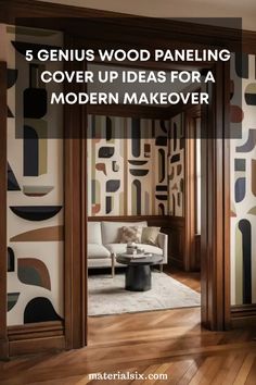 Modern living room with abstract wood paneling and large doorway. Cover Wood Paneling, Wood Paneling Makeover, Paneling Makeover, Cover Up Ideas, House Makeover, Wood Accent Wall, Diy Ceiling