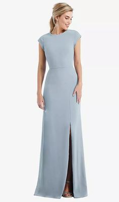 Cap Sleeve Open-back Trumpet Bridesmaid Dress With Front Slit In Mist | The Dessy Group Nude Bridesmaid Dresses, Cap Sleeve Bridesmaid Dress, Neutral Bridesmaid Dresses, Mother Of The Bride Dresses Long, Formal Dresses With Sleeves, Mother Of Groom Dresses, Trumpet Gown, Trumpet Skirt, Mob Dresses