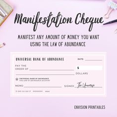 Printable Manifestation Cheque // Law of Abundance // Law of Attraction Manifestation Cheque, Law Of Abundance, Vision Board Journal, Attraction Money, Manifest Wealth, Attraction Affirmations, Positive Affirmation Cards, Money Manifestation