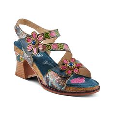 a women's shoe with colorful flowers on the front and heel, in blue