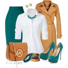 Camel & Aqua by ccroquer on Polyvore featuring Steffen Schraut, Zalando, Giuseppe Zanotti, BKE, Tory Burch and MICHAEL Michael Kors Purple And White Outfit, White Outfit Ideas, White Outfit, Purple And White, Green Skirt, Fashion Chic, Work Outfits