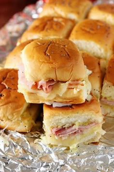 ham and cheese sliders stacked on top of each other