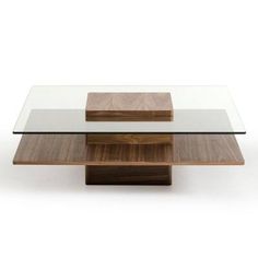 two tables with glass top and wooden bases on each side, against a white background