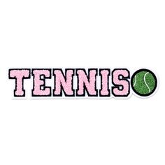 a tennis sticker with the word tennis in pink and green on it's side