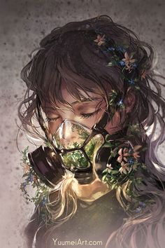 a woman with flowers in her hair and an oxygen mask over her face is looking down at the ground