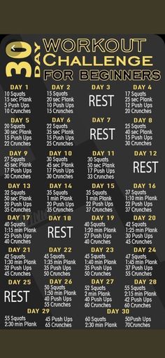 the workout schedule for beginners is shown in black and gold, with yellow numbers