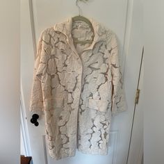 Size Medium, I Am An 8 And It Fit Me Perfectly In Great Condition Made From Cotton Macrame Lace In A Beautiful Floral Pattern It Has Two Front Flap Pockets And 3 Sr Ivory Buttons For Closure Knee Lenght: 36" Shoulders: 17" Sleeves: 22" Chest: 17" Made In France Elegant White Outerwear With 3/4 Sleeves, Beige 3/4 Sleeve Outerwear For Spring, Chic White Outerwear With 3/4 Sleeves, 3/4 Sleeve Outerwear For Daywear In Spring, Macrame Lace, Sonia Rykiel, Cardigan Coat, Made In France, Sweaters & Cardigans