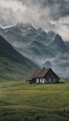 a painting of a house in the middle of a field with mountains in the background