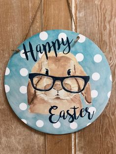 a sign that says happy easter with a photo of a dog wearing glasses on it