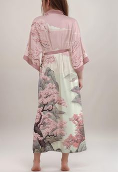 We Are Delighted to Announce the Launch of Our New Kimono Design. Pre-Order is Now Open, You'll Enjoy 25% Off and a Free Secret Bonus, This Is a Limited Time Offer Only.  Step into the serenity of spring with this exquisite Japanese Kimono, adorned with a delicate cherry blossom motif. The soft pink hues of the blossoms gently cascade down the fabric, creating a serene and calming visual experience. This kimono captures the ephemeral beauty of cherry blossoms, symbolizing renewal and the fleetin Pink Kimono Sleeve Wedding Dress, Pink Dresses With Kimono Sleeves For Wedding, Pink Wedding Dress With Kimono Sleeves, Spring Dresses With Kimono Sleeves For Home, Spring Printed Dress, Kitsune Kimono, Belt Kimono, Pink Kimono, Japanese Clothing