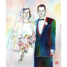 a watercolor painting of a bride and groom standing next to each other in front of a colorful background