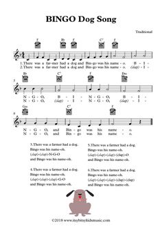 sheet music with an image of a dog and the words, bingo dog song