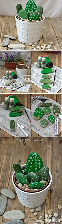 the process of making a cactus plant out of paper plates and rocks is shown here