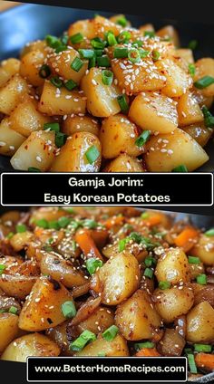 two pictures showing the different types of food in each dish, including potatoes and carrots