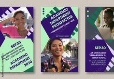 three posters with different people on them, one is purple and the other is green