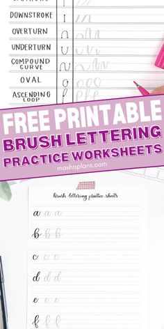 the free printable brush lettering practice worksheet is on top of a desk