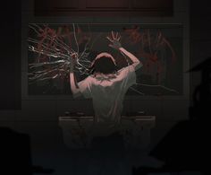 a person standing in front of a mirror with blood on the walls and writing all over it