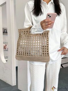 BirdinBag - Large Capacity Hollow Out Knitted Handbag: Ideal for School, College, and Travel Casual Crochet Travel Bag, Casual Knitted Crochet Travel Bag, Casual Yarn Shoulder Bag For Daily Use, Rectangular Crochet Bag For Summer, Casual Square Straw Bag With Crochet, Casual Square Crochet Straw Bag, Casual Everyday Yarn Shoulder Bag, Casual Beige Crochet Yarn Bag, 2nd Baby