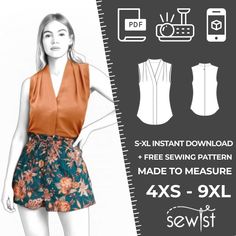 an image of a woman's sewing pattern with the measurements for her top and shorts