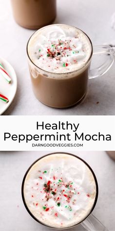 two glasses filled with peppermint mocha on top of a table