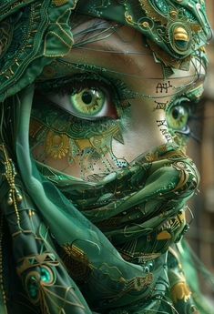 a close up of a person with green makeup and scarves on their face,