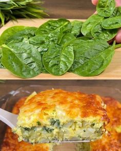 spinach lasagna casserole is being lifted from the casserole dish