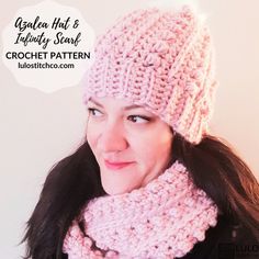 a woman wearing a pink knitted hat and scarf with text overlay that reads, afghan hat & baby slouf crochet pattern