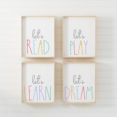 three wooden blocks with the words let's play and learn to read on them