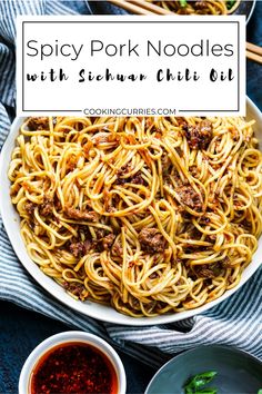 spicy pork noodles with stir - fry chili sauce in a white bowl