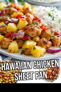 hawaiian chicken sheet pan with pineapples, onions and red peppers on a white plate