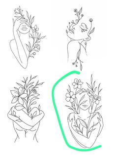 four different drawings of flowers in vases and one with a woman's face