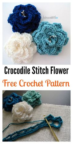 crochet flower pattern with the words crocodile stitch flower on it and three different colors