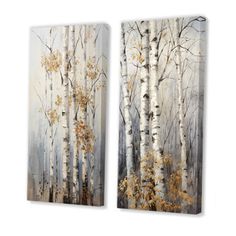 two paintings of trees with yellow leaves on them