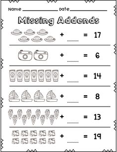 the missing addends worksheet is shown in black and white with numbers