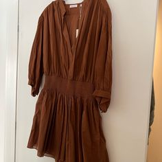 Never Worn, Been Sitting In Closet! Chic Brown Daywear Mini Dress, Chic Brown Mini Dress For Daywear, Elegant Brown Mini Dress For Daywear, Brown Long Sleeve Mini Dress For Daywear, Ruffled Top Dress, Rebecca Taylor Dress, Fuschia Dress, Short Sleeve Floral Dress, Voile Dress