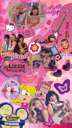 a collage of the characters from disney's girls in pink and purple colors