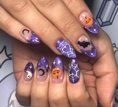 Trendy Halloween Nails, Halloween Nail Polish, Purple Halloween Nails, Artsy Nails, Black Halloween Nails, Holloween Nails, Almond Acrylic, Witchy Nails, Halloween Acrylic Nails