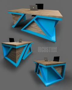 three different angles of a desk with a laptop on it