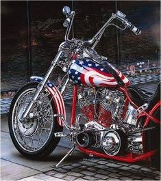 a motorcycle with an american flag painted on it