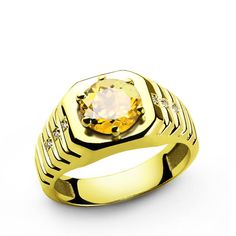 Metal: 14k Yellow Gold Citrine: carat total weight - 2.40 diameter - 8mm setting - prong setting Diamonds: carat total weight - 0.03 color - H clarity - VS1 setting - Pavé setting An elegant vivid yellow citrine and diamonds feature in this solitaire ring, perfectly highlighted by a 14k yellow gold four-prong setting. ----------------------------------------------------------------------CitrineCitrine is a premier stone of manifestation, imagination, and personal will. Carrying the power of the Mens Sapphire Ring, Mens Ruby Ring, Mens Emerald Rings, Onyx Ring Men, Yellow Gold Mens Rings, Mens Gemstone Rings, Mens Gold Rings, Citrine Ring, Yellow Citrine