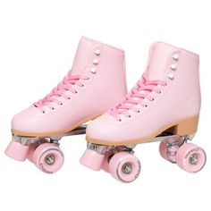 pink roller skates with white wheels on a white background